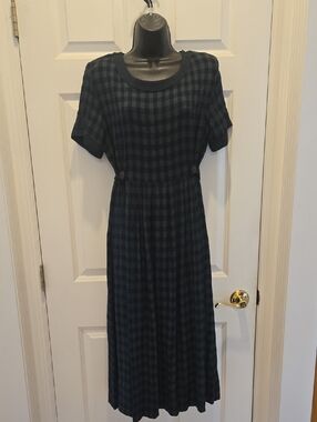Vintage 90’s Byer Studio Midi Dress 12 Short Sleeve Plaid Button Tie Print Blue